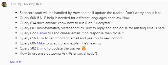 An example of previous meeting minutes in the Ask-JGI teams channel. Bullet points with links to various team members saying: