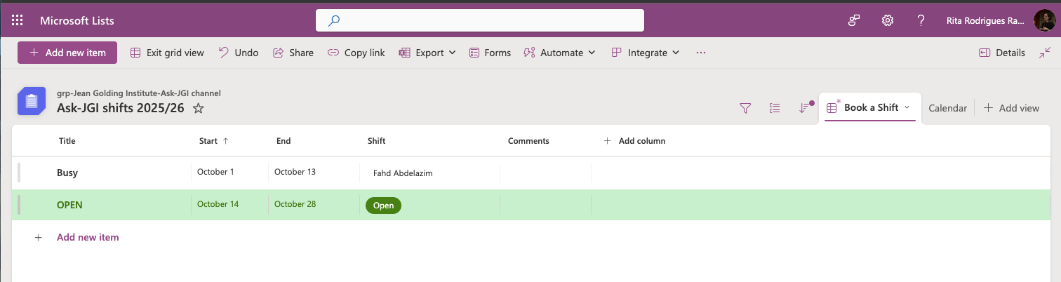 A screengrab from the Ask-JGI List showing an example of "Fahd" working a shift.