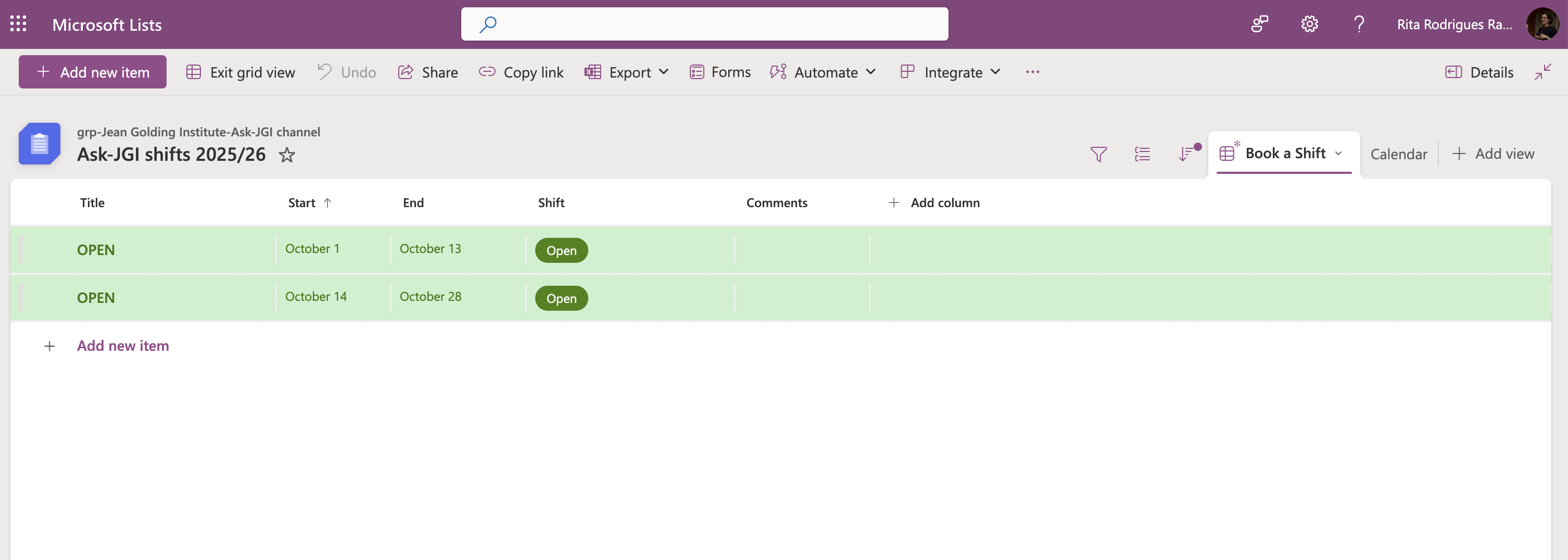 A screengrab from the Ask-JGI shifts 2026/27 List showing open shifts.
